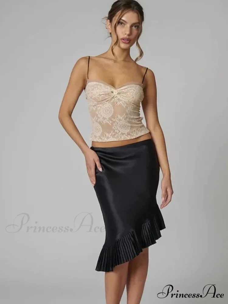 Satin Pleated Stylish Trim Midi Skirt - Image 4