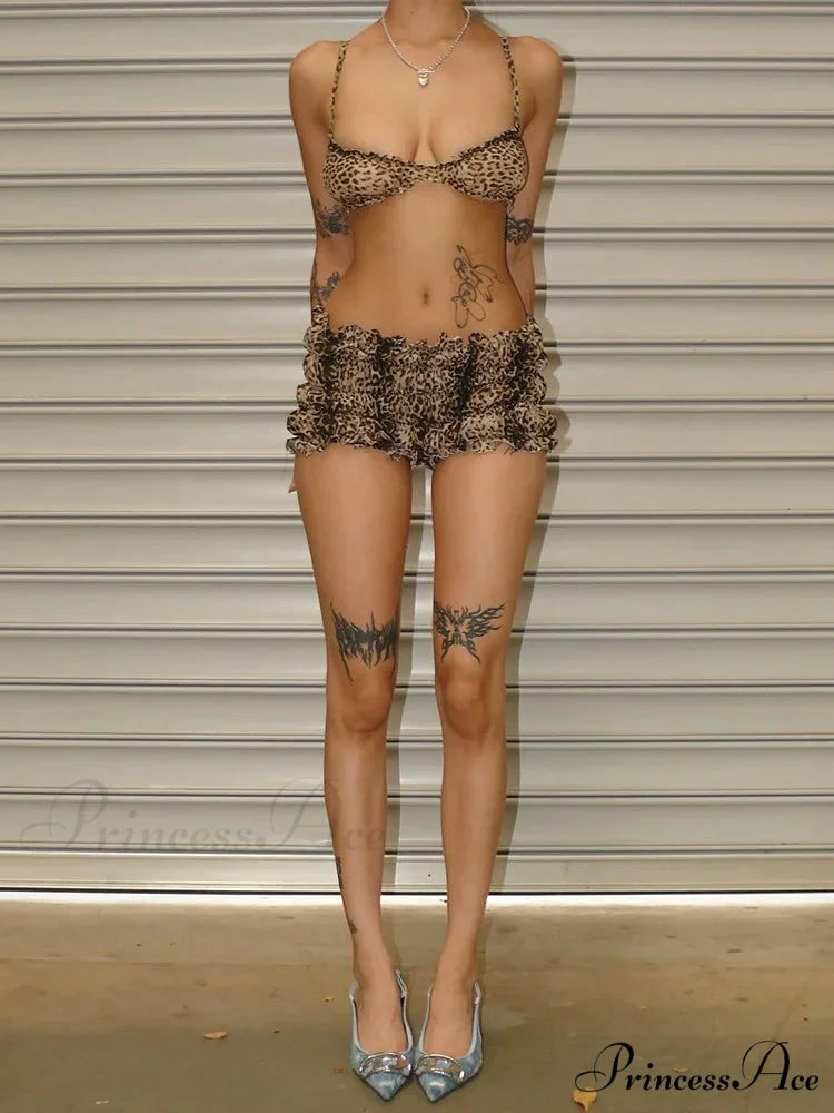 Leopard Print Ruffles Cami Graceful Bra Top and Shorts Set - Image 3
