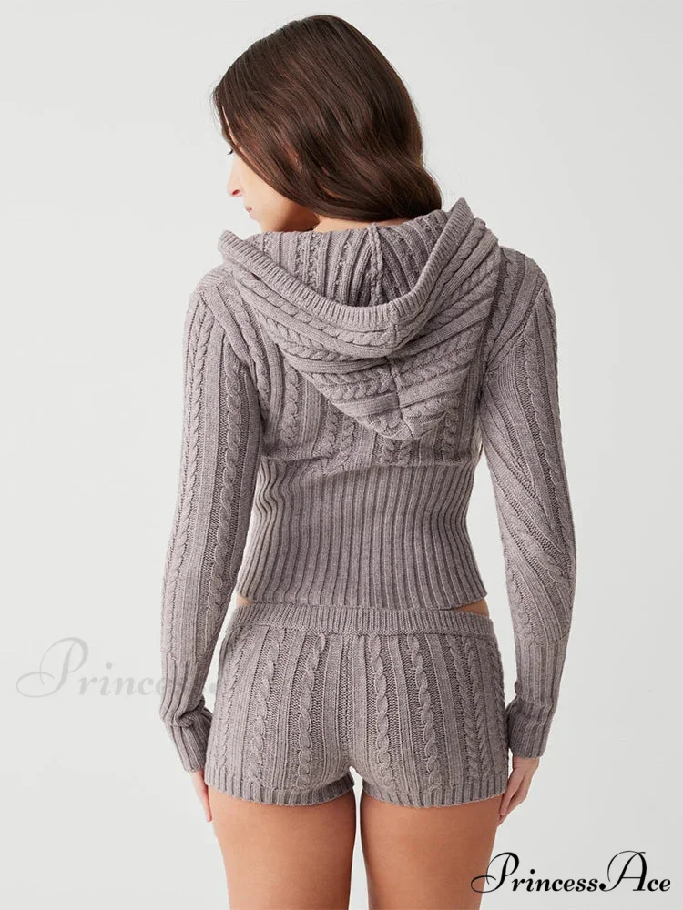 Long Sleeve Knitted V-Neck Graceful Hooded Sweater And Shorts Set - Image 16