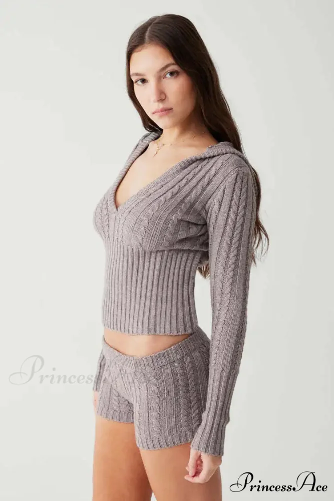 Long Sleeve Knitted V-Neck Graceful Hooded Sweater And Shorts Set - Image 17