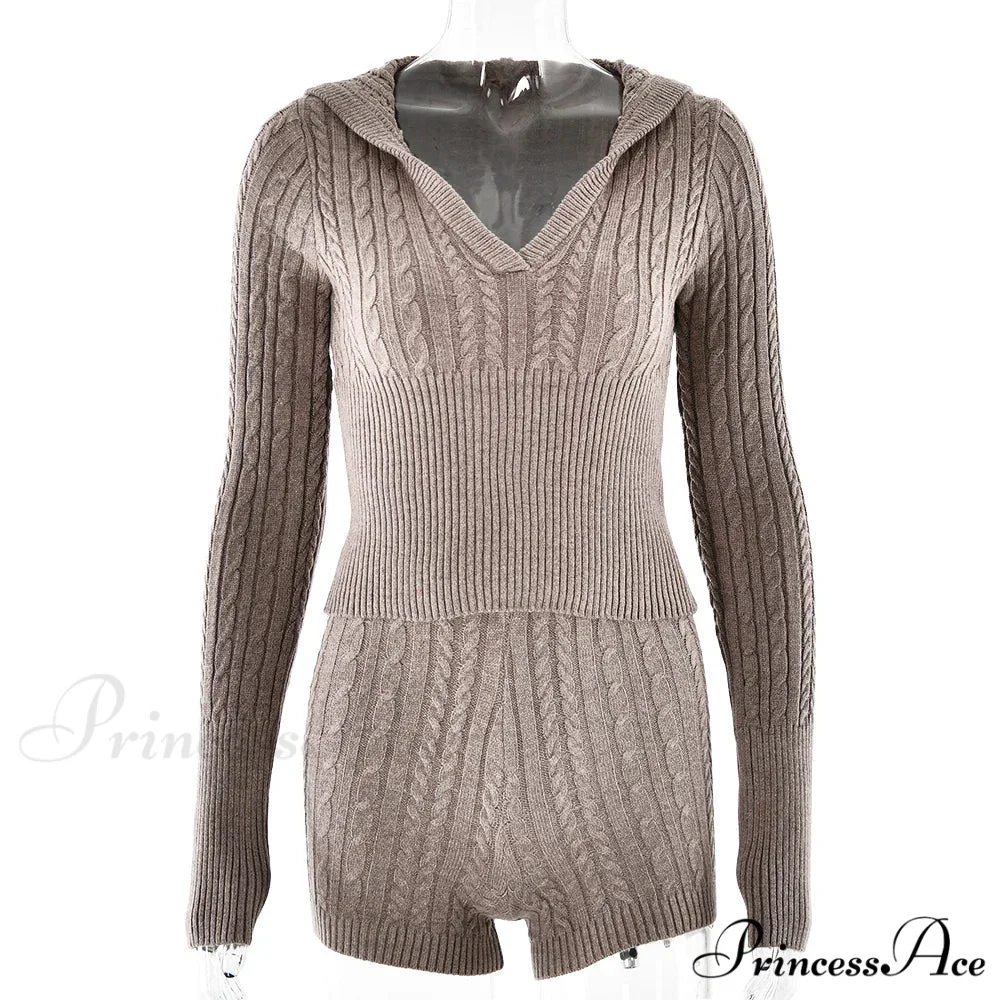 Long Sleeve Knitted V-Neck Graceful Hooded Sweater And Shorts Set - Image 18