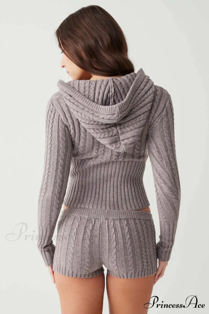 Long Sleeve Knitted V-Neck Graceful Hooded Sweater And Shorts Set - Image 19