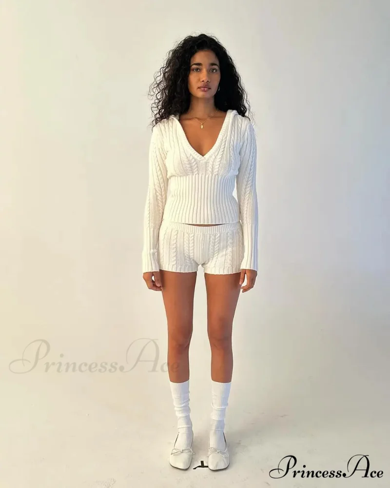 Long Sleeve Knitted V-Neck Graceful Hooded Sweater And Shorts Set - Image 2