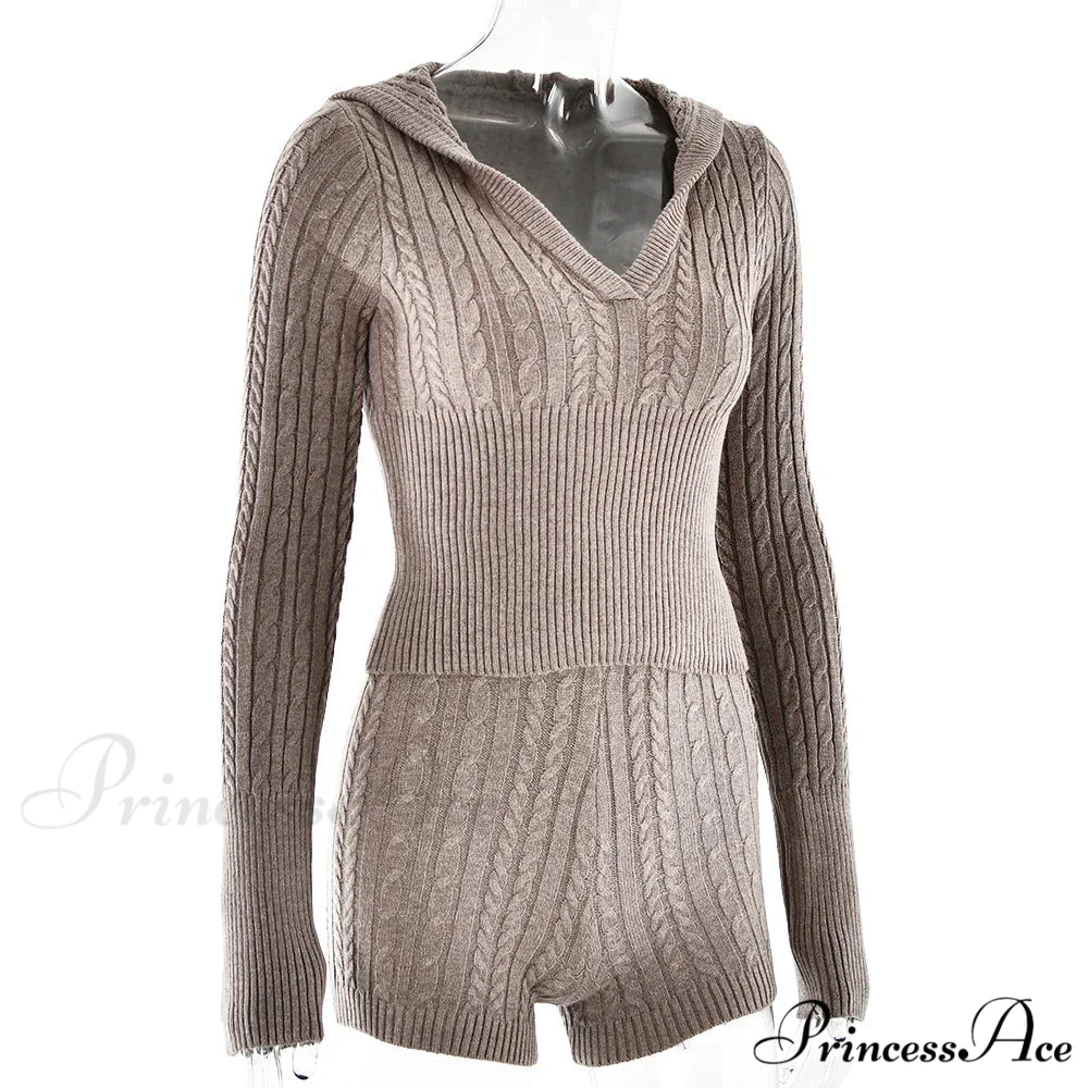 Long Sleeve Knitted V-Neck Graceful Hooded Sweater And Shorts Set - Image 20