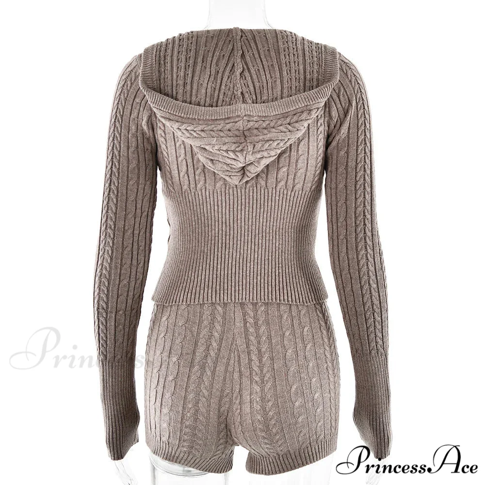 Long Sleeve Knitted V-Neck Graceful Hooded Sweater And Shorts Set - Image 21