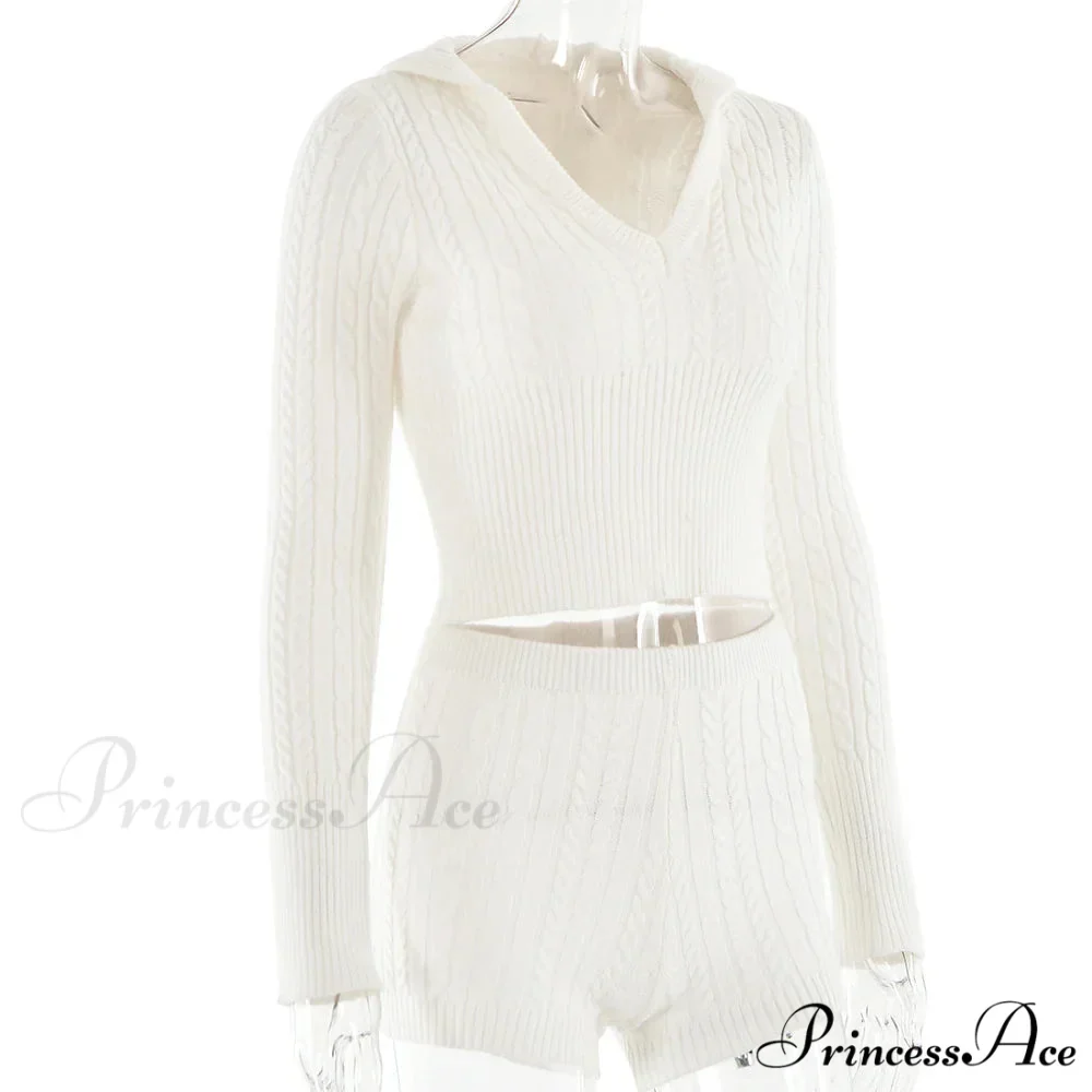 Long Sleeve Knitted V-Neck Graceful Hooded Sweater And Shorts Set - Image 22
