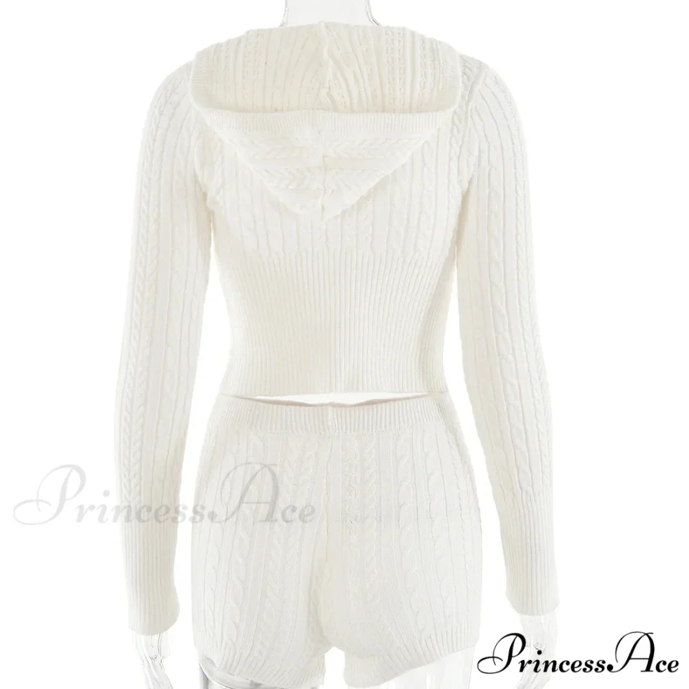 Long Sleeve Knitted V-Neck Graceful Hooded Sweater And Shorts Set - Image 23
