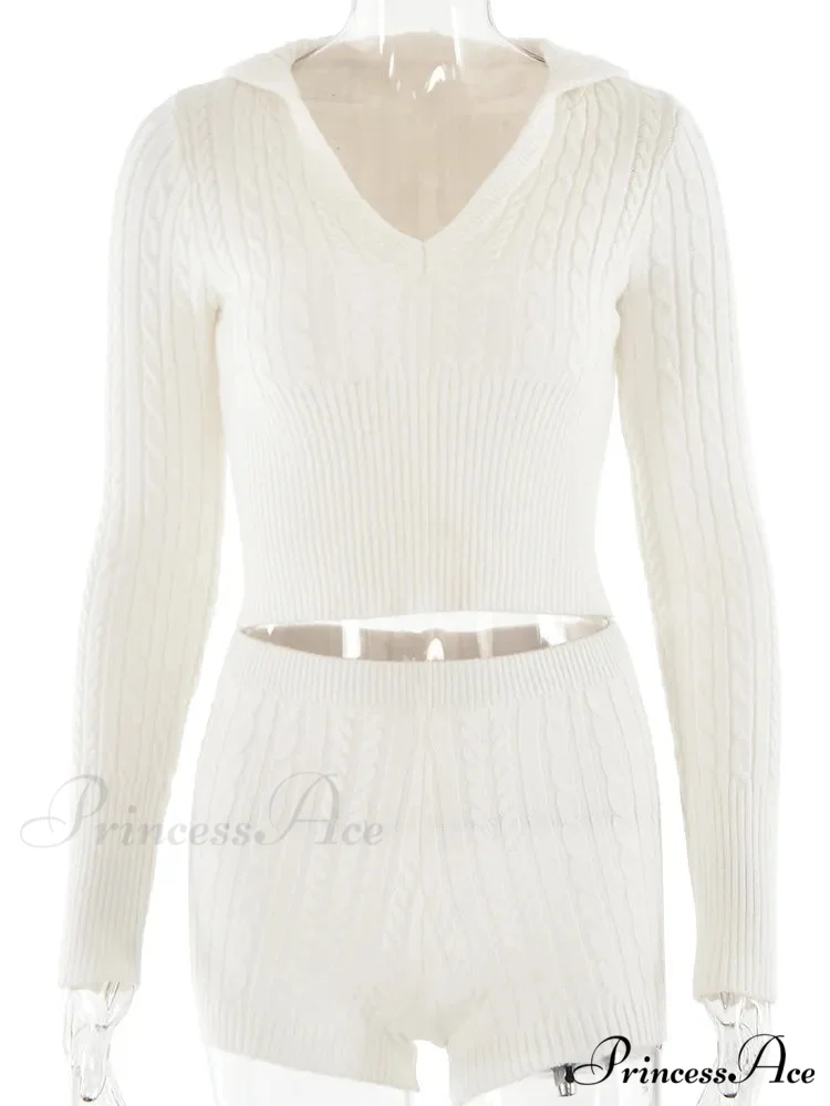 Long Sleeve Knitted V-Neck Graceful Hooded Sweater And Shorts Set - Image 24