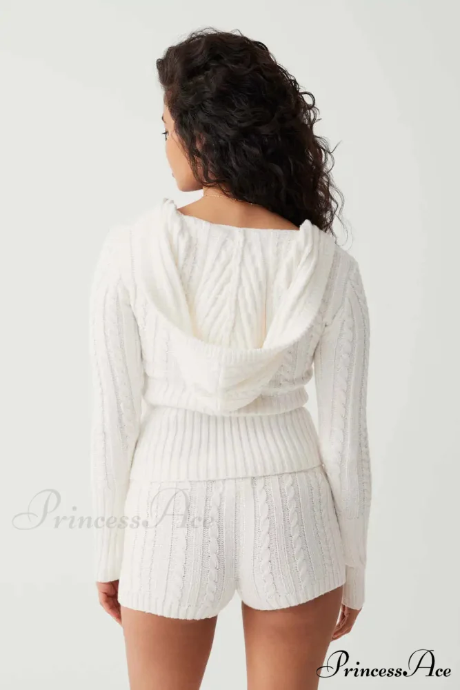 Long Sleeve Knitted V-Neck Graceful Hooded Sweater And Shorts Set - Image 5