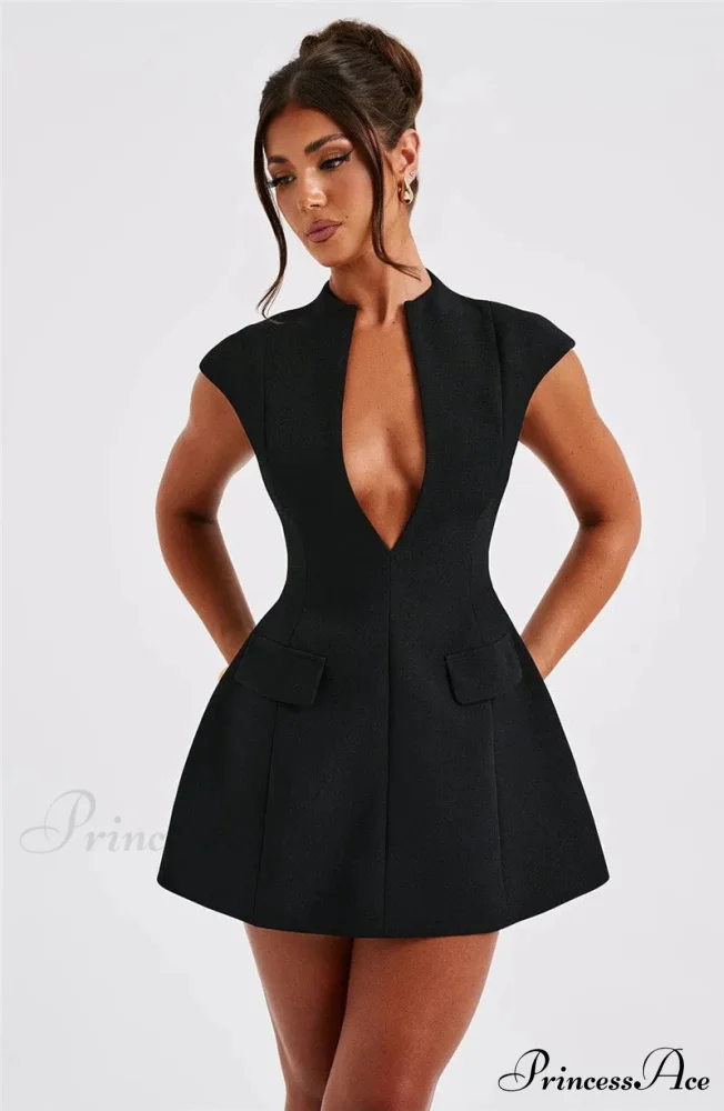Black Deep Neck Charming Short Sleeve Mini Dress - Image 8