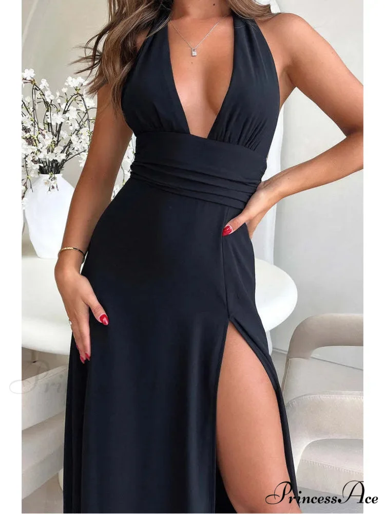 Black Deep Neck Charming High Split Maxi Dress - Image 3