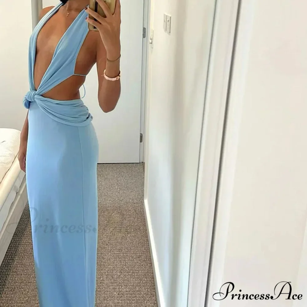 Blue Deep Slit Charming Neck Pleated Maxi Dress - Image 4