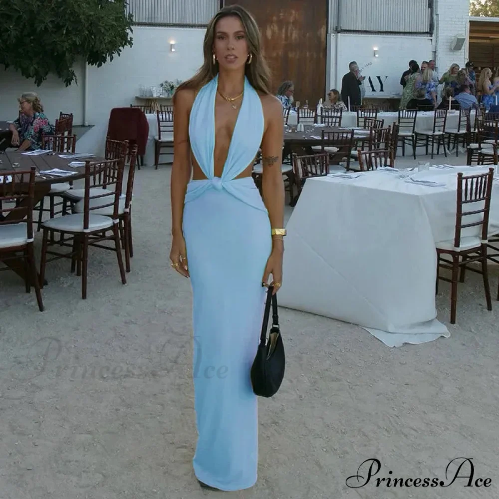 Blue Deep Slit Charming Neck Pleated Maxi Dress - Image 6