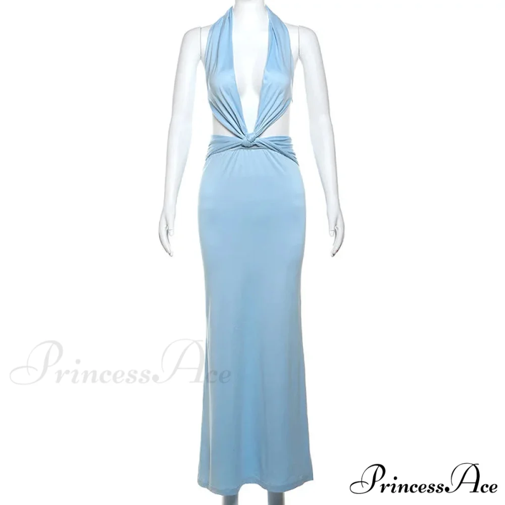 Blue Deep Slit Charming Neck Pleated Maxi Dress - Image 7