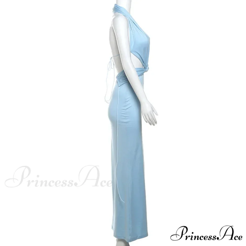 Blue Deep Slit Charming Neck Pleated Maxi Dress - Image 8