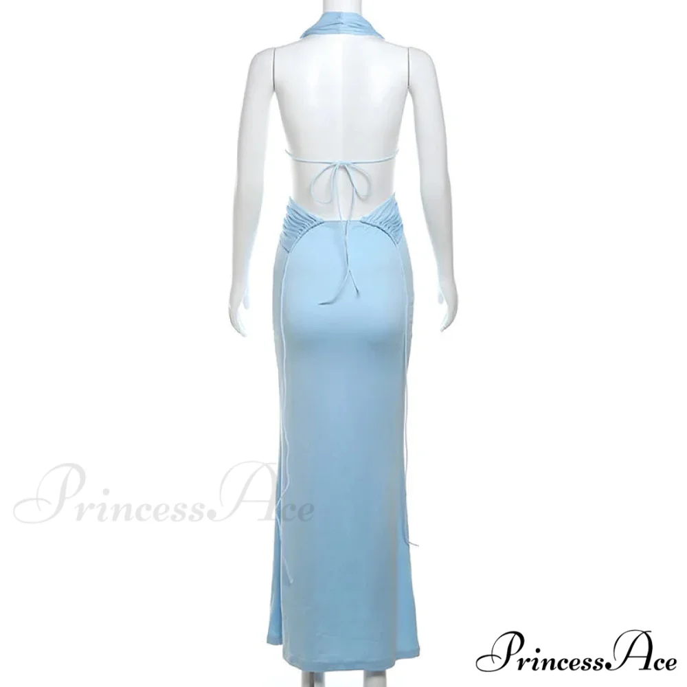 Blue Deep Slit Charming Neck Pleated Maxi Dress - Image 9