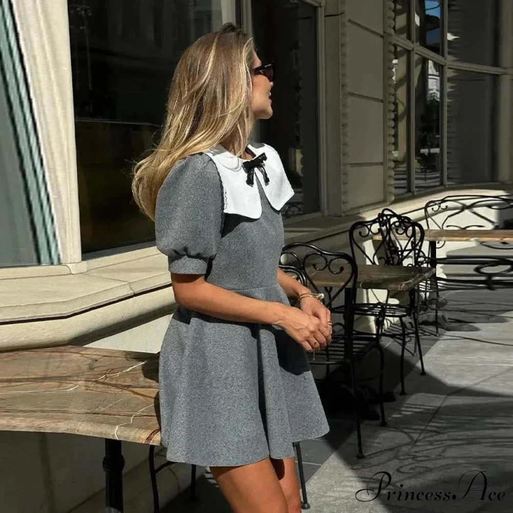 Puff SLeeve Collar Charming Ribbed Mini Dress - Image 15
