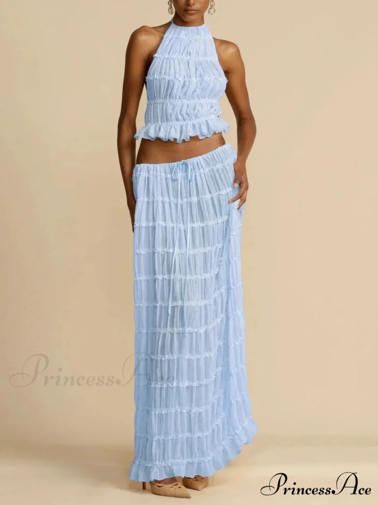 Halterneck Ruched Open Back Tie Trendy Up Top And Maxi Skirt Set - Image 10