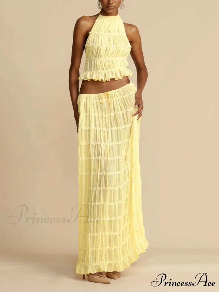 Halterneck Ruched Open Back Tie Trendy Up Top And Maxi Skirt Set - Image 11