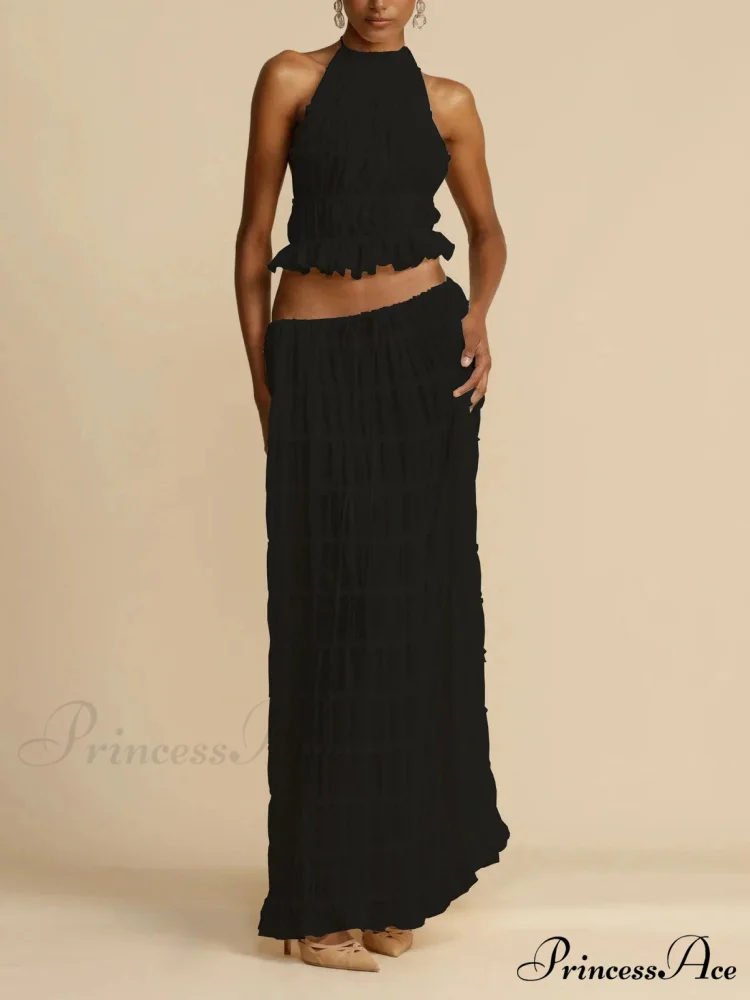 Halterneck Ruched Open Back Tie Trendy Up Top And Maxi Skirt Set - Image 12