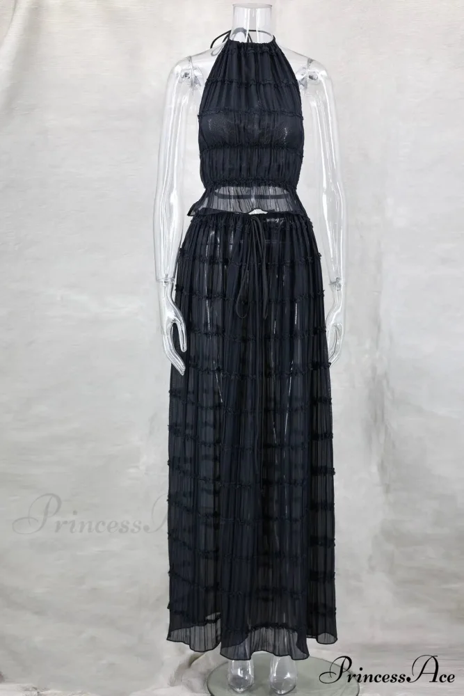 Halterneck Ruched Open Back Tie Trendy Up Top And Maxi Skirt Set - Image 14