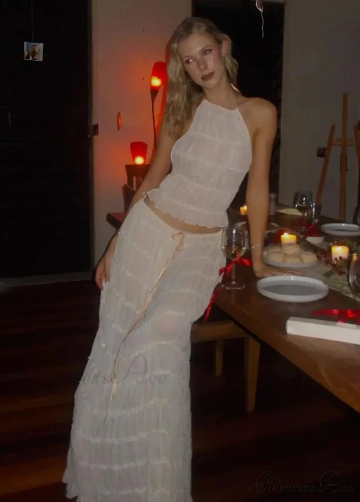 Halterneck Ruched Open Back Tie Trendy Up Top And Maxi Skirt Set - Image 15