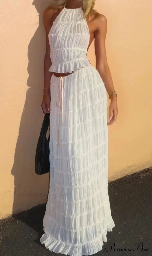 Halterneck Ruched Open Back Tie Trendy Up Top And Maxi Skirt Set - Image 16