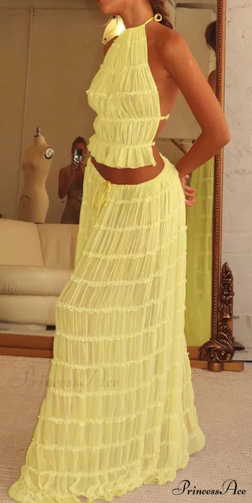 Halterneck Ruched Open Back Tie Trendy Up Top And Maxi Skirt Set - Image 19