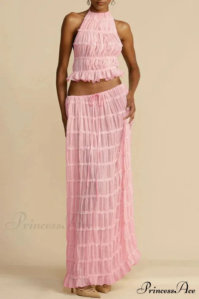 Halterneck Ruched Open Back Tie Trendy Up Top And Maxi Skirt Set - Image 20