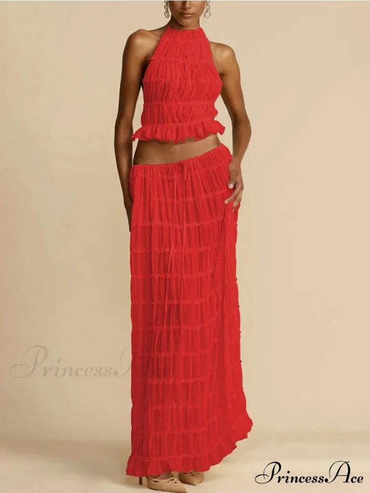 Halterneck Ruched Open Back Tie Trendy Up Top And Maxi Skirt Set - Image 8