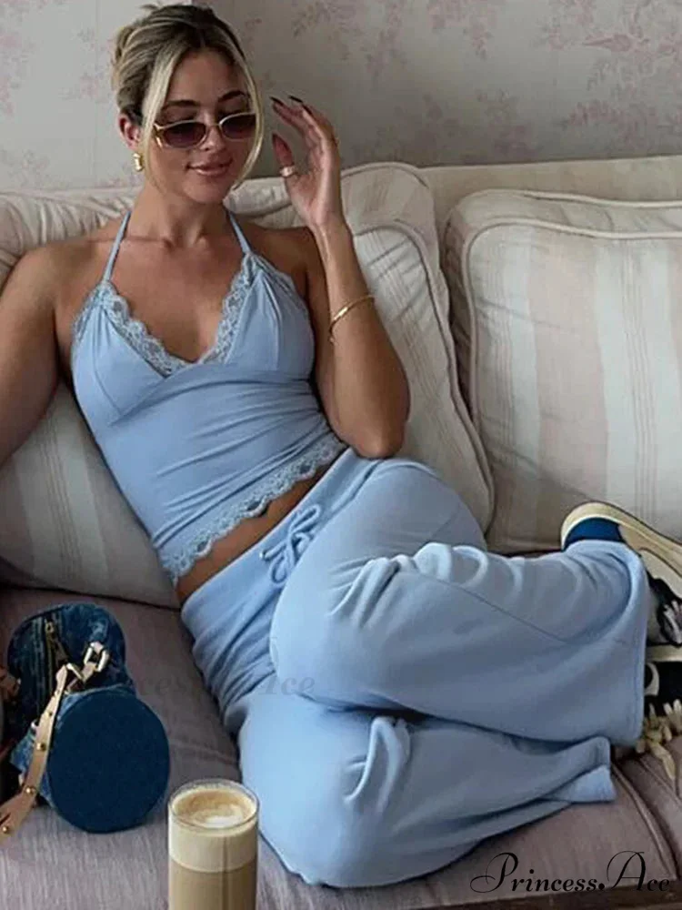 Blue Halter Crop Top Graceful And Flare Pants Set - Image 5