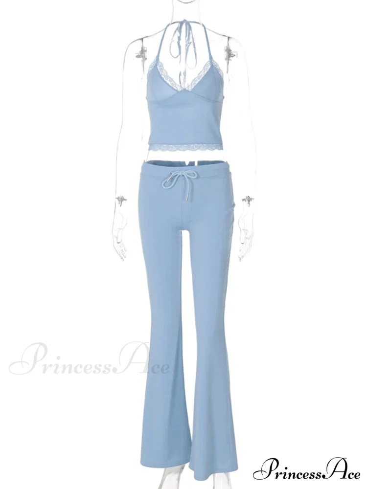 Blue Halter Crop Top Graceful And Flare Pants Set - Image 6
