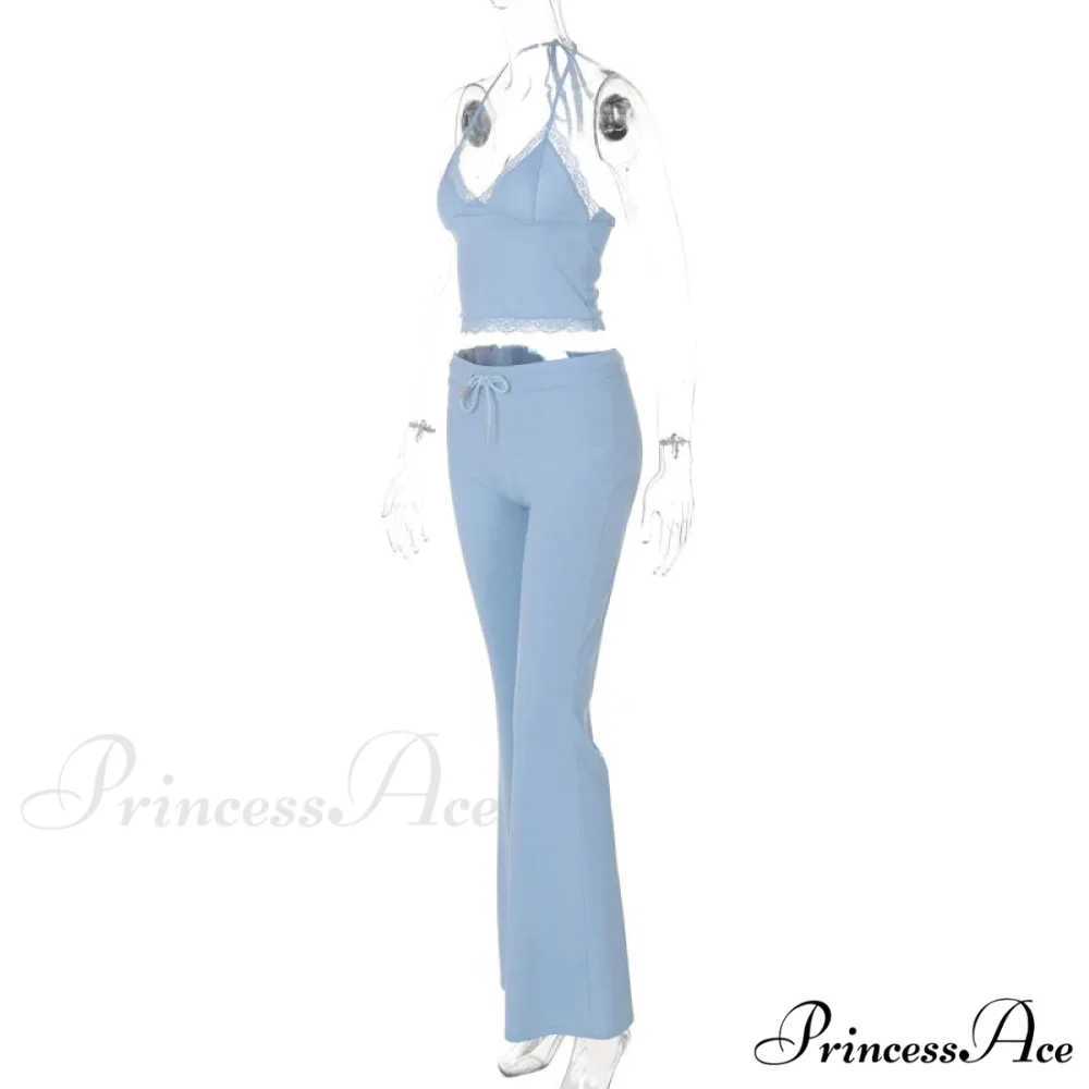Blue Halter Crop Top Graceful And Flare Pants Set - Image 7
