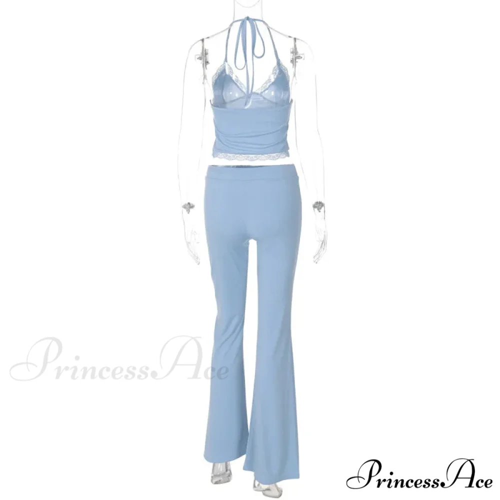 Blue Halter Crop Top Graceful And Flare Pants Set - Image 8