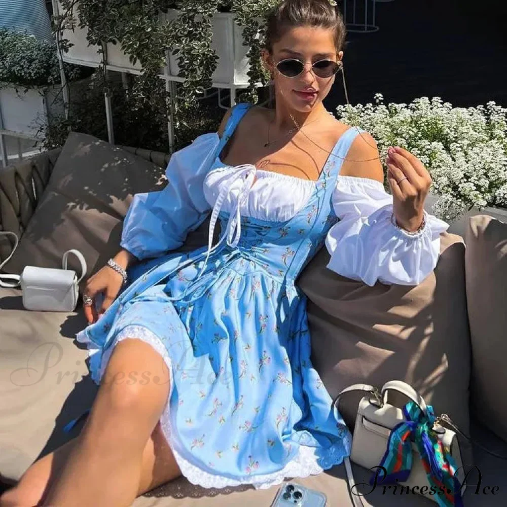 Printed Off-shoulder Lantern Charming Sleeve Flare Mini Dress - Image 15