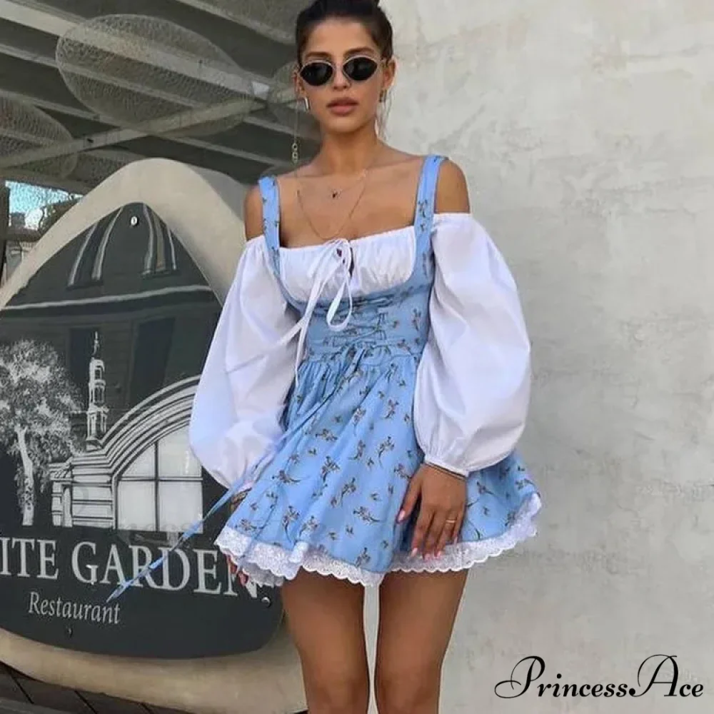 Printed Off-shoulder Lantern Charming Sleeve Flare Mini Dress - Image 16