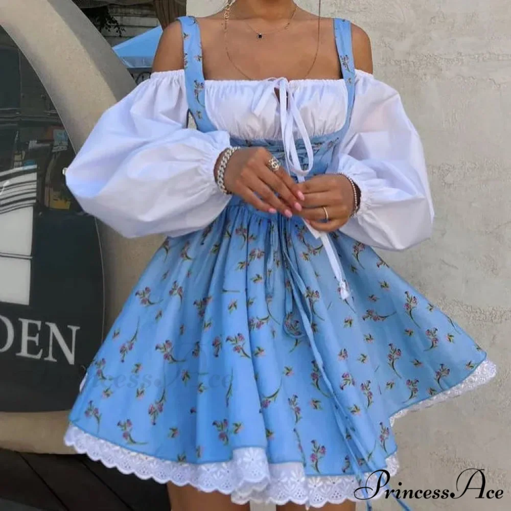 Printed Off-shoulder Lantern Charming Sleeve Flare Mini Dress - Image 17