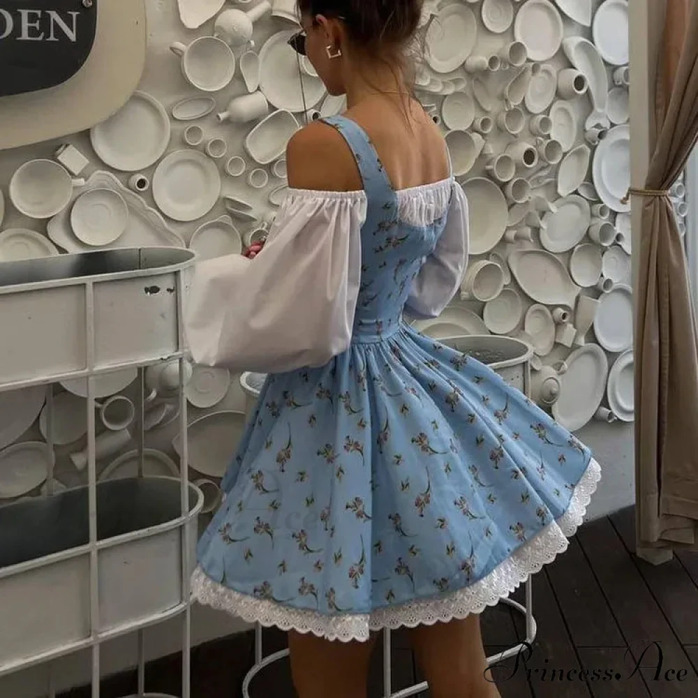 Printed Off-shoulder Lantern Charming Sleeve Flare Mini Dress - Image 19