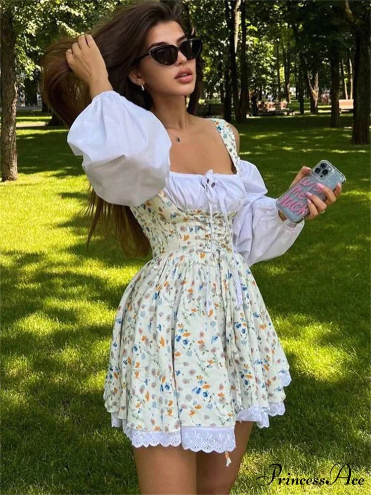 Printed Off-shoulder Lantern Charming Sleeve Flare Mini Dress - Image 2