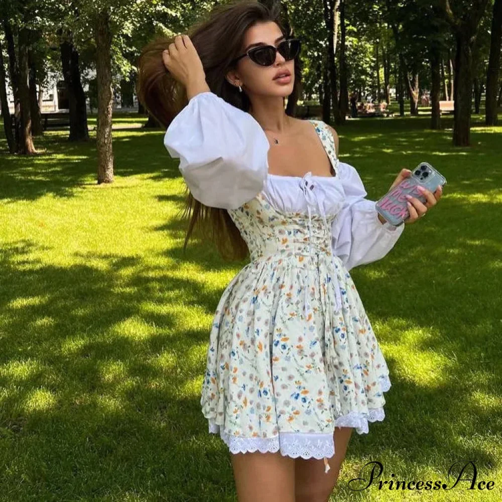Printed Off-shoulder Lantern Charming Sleeve Flare Mini Dress - Image 20