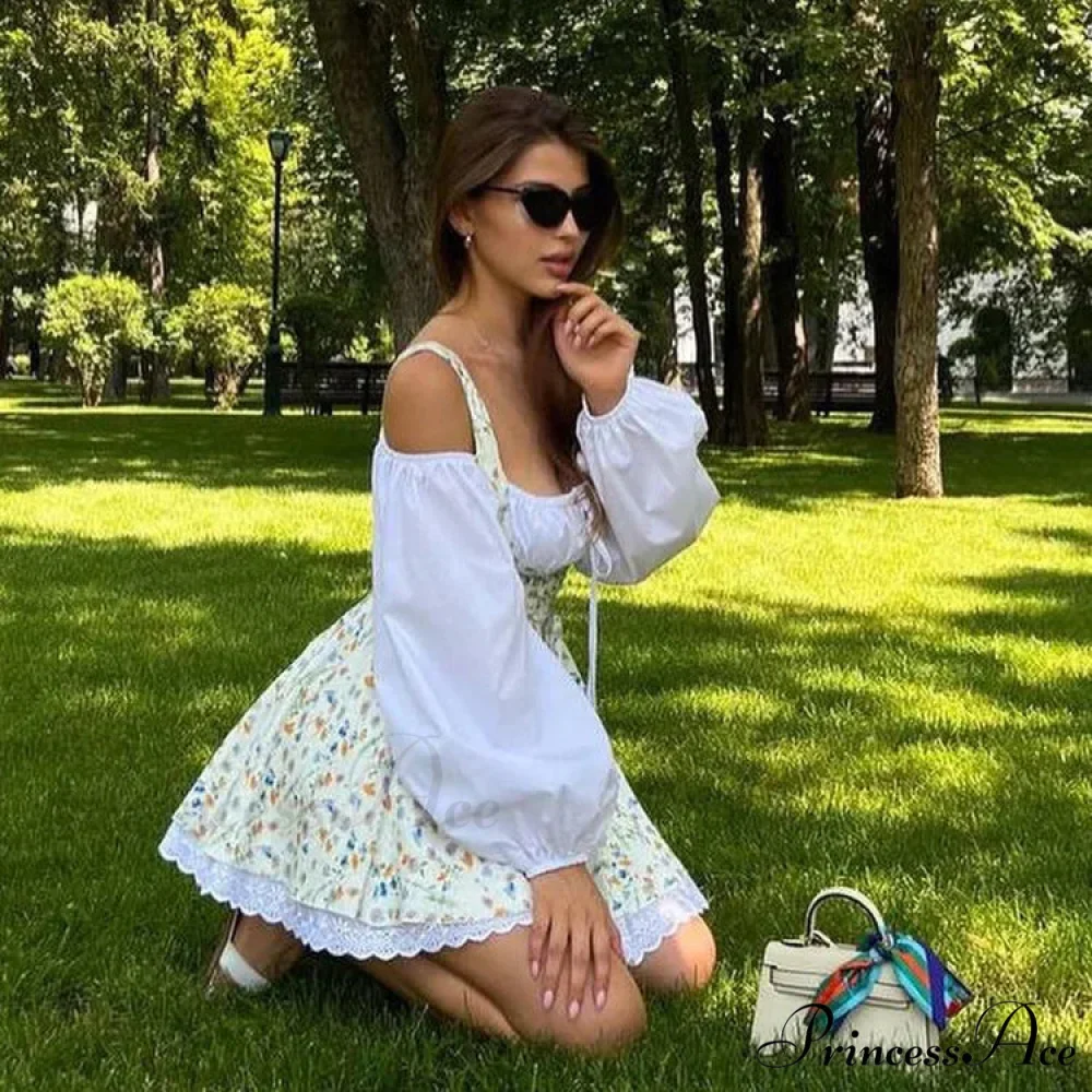 Printed Off-shoulder Lantern Charming Sleeve Flare Mini Dress - Image 21