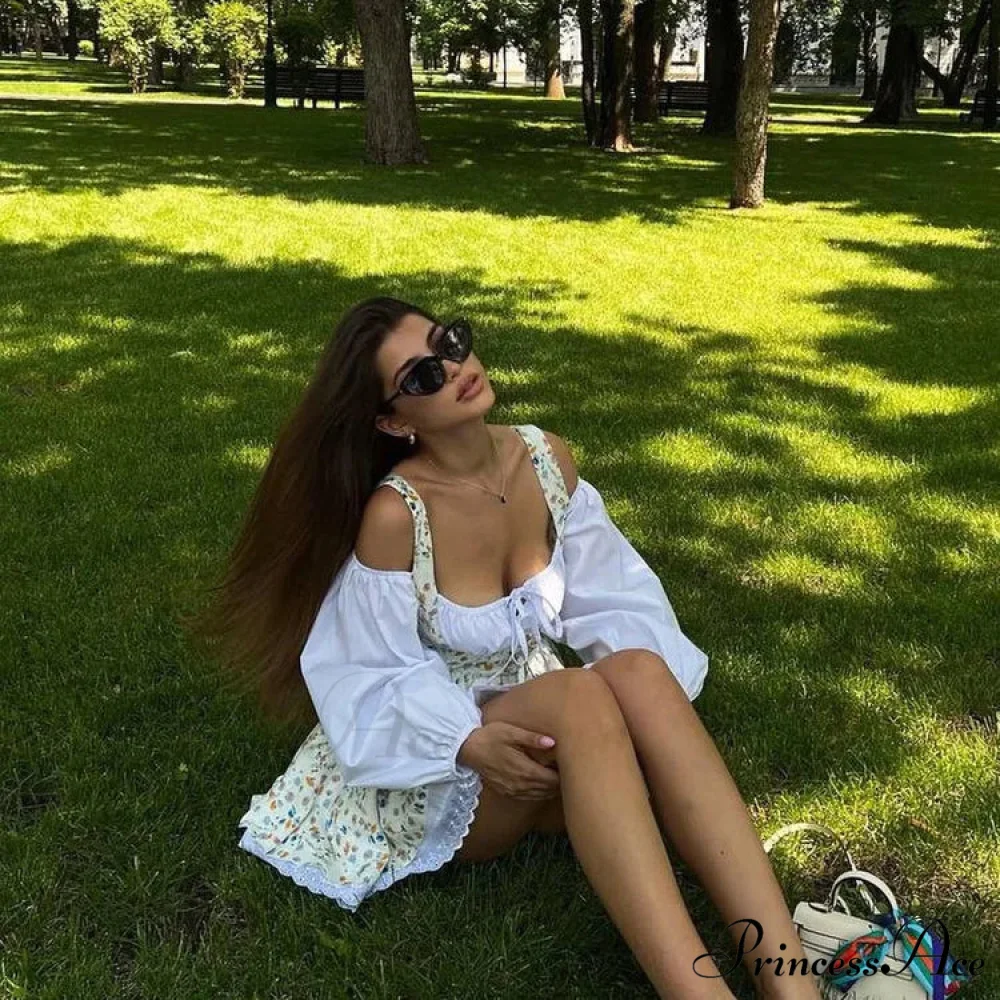 Printed Off-shoulder Lantern Charming Sleeve Flare Mini Dress - Image 22
