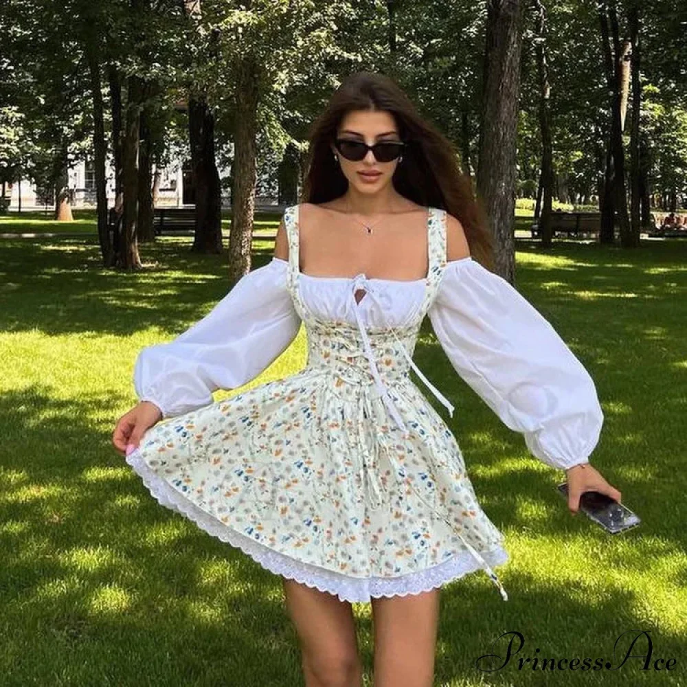Printed Off-shoulder Lantern Charming Sleeve Flare Mini Dress - Image 23