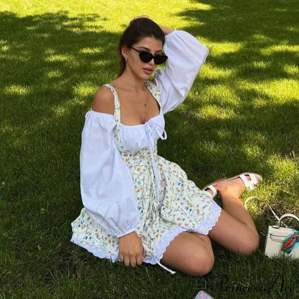 Printed Off-shoulder Lantern Charming Sleeve Flare Mini Dress - Image 24