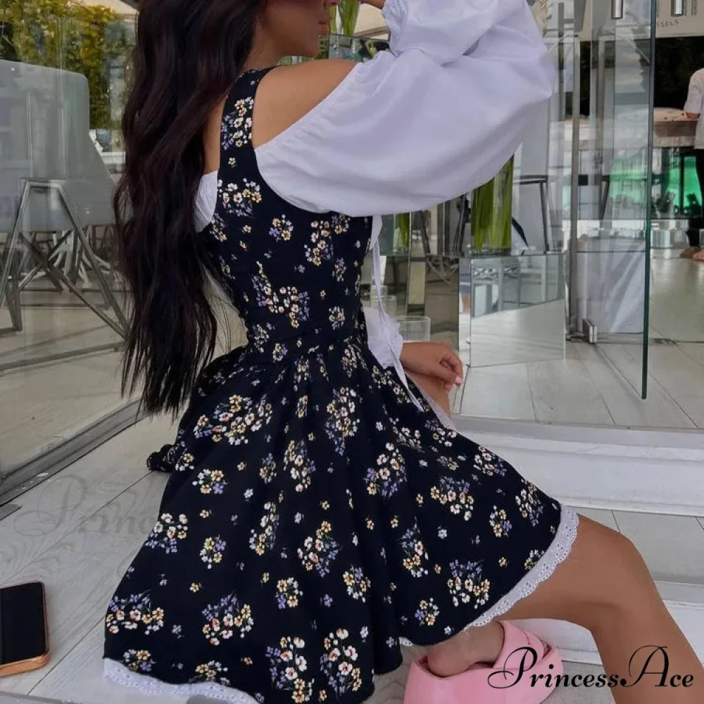 Printed Off-shoulder Lantern Charming Sleeve Flare Mini Dress - Image 26