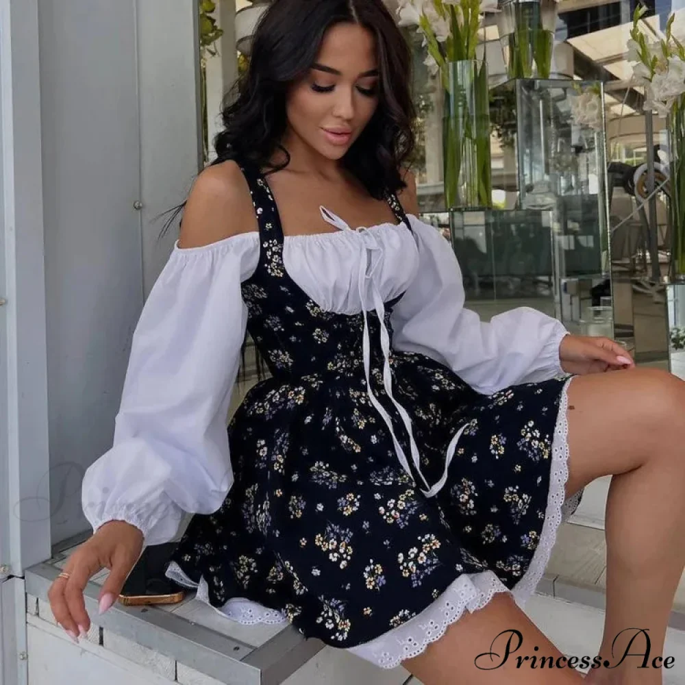 Printed Off-shoulder Lantern Charming Sleeve Flare Mini Dress - Image 27