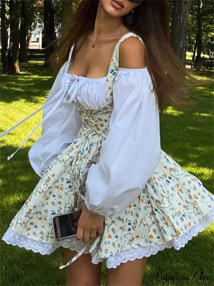 Printed Off-shoulder Lantern Charming Sleeve Flare Mini Dress - Image 3
