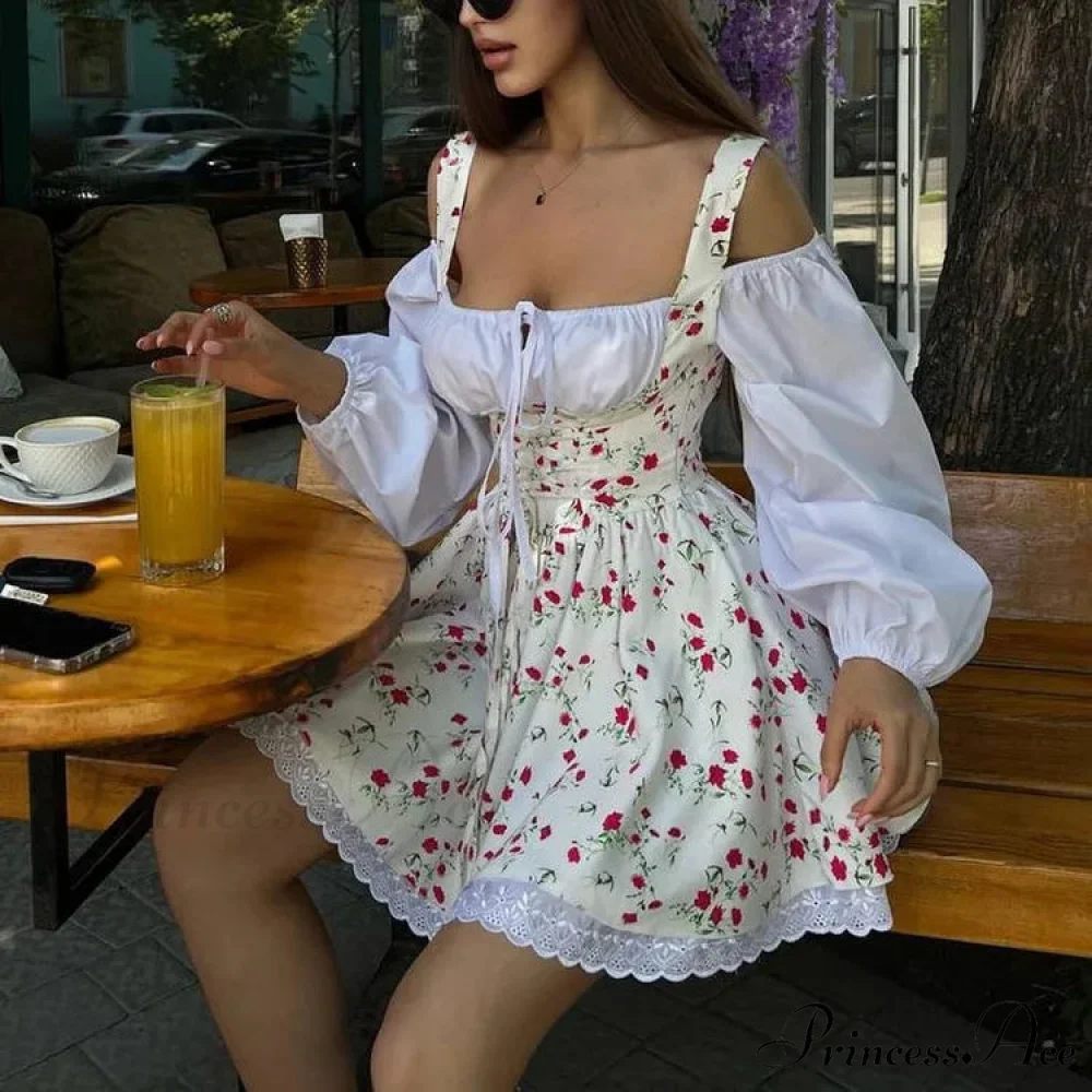 Printed Off-shoulder Lantern Charming Sleeve Flare Mini Dress - Image 30