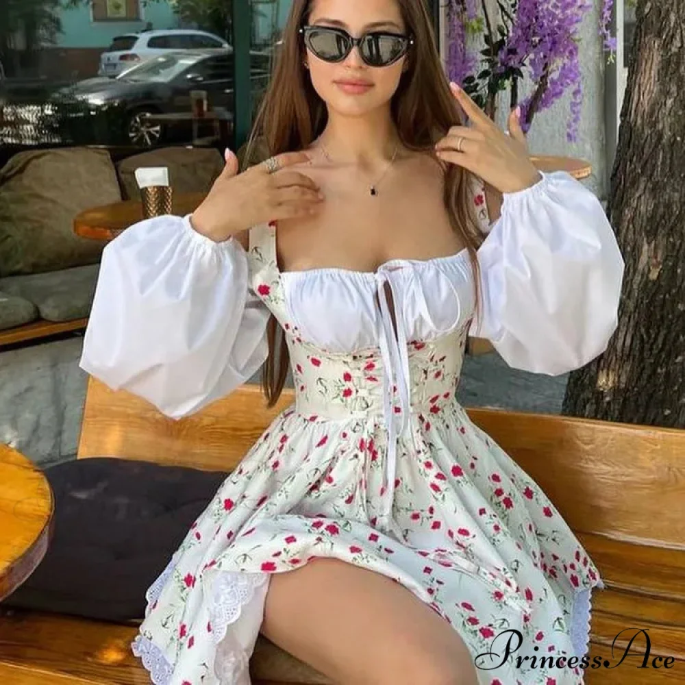 Printed Off-shoulder Lantern Charming Sleeve Flare Mini Dress - Image 31