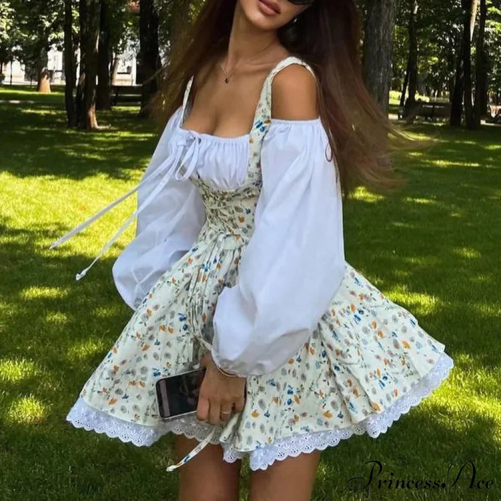 Printed Off-shoulder Lantern Charming Sleeve Flare Mini Dress - Image 32